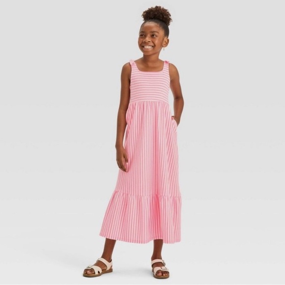 Girls' Striped Knit Maxi Dress - Cat & Jack™ Neon Pink L 10/12 - Picture 1 of 6